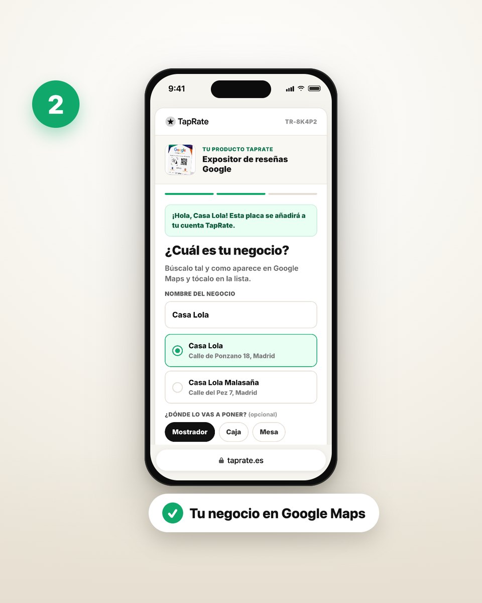 Página de activación de TapRate: eliges tu negocio en la lista de Google Maps